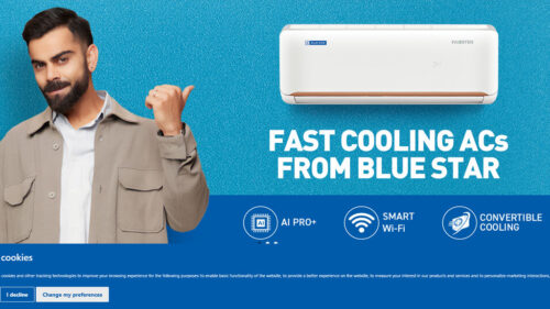 A Blue Star air conditioner unit installed on the side of a building.